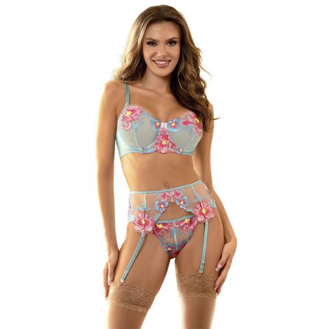 SUBBLIME - 957643 CONJUNTO DE SUTIÃ E CINTO-LIGA BORDADO COM FLORES ROSA S/M